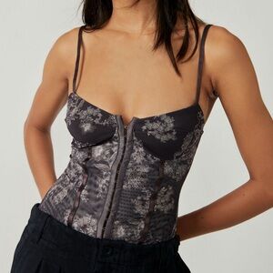 Free People Dark Gray Floral Bustier Bodysuit